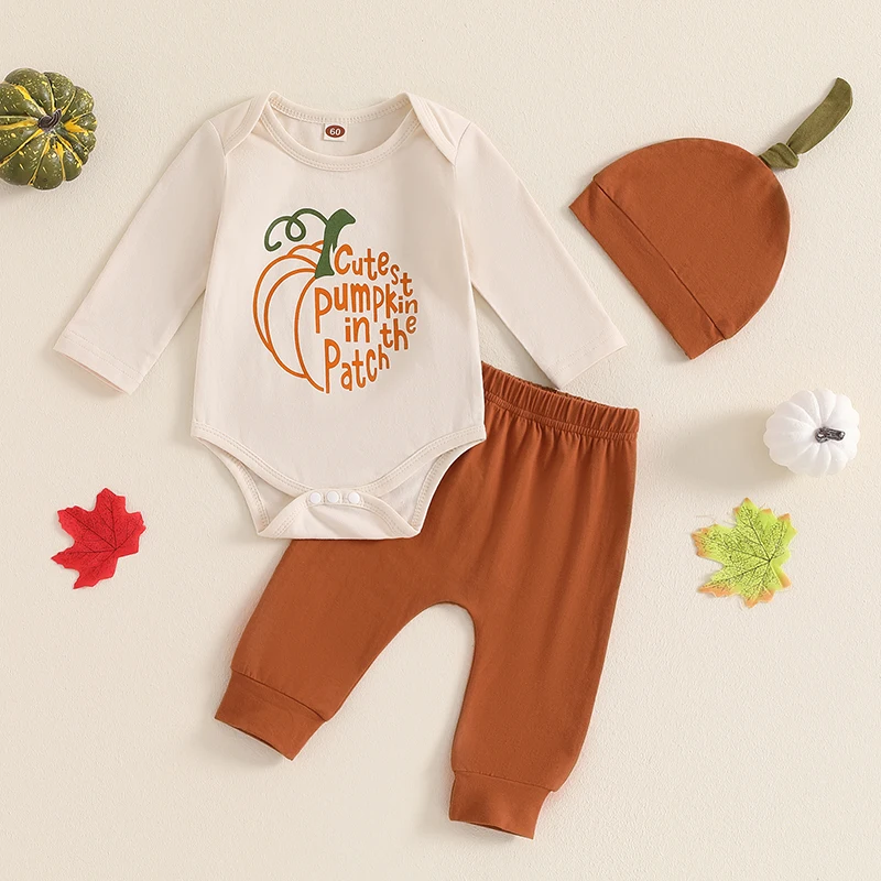 2024-06-03 Lioraitiin 3Pcs Baby Halloween Outfits Long Sleeve Letter Romper + Pants + Top Knot Hat Set Infant Clothe