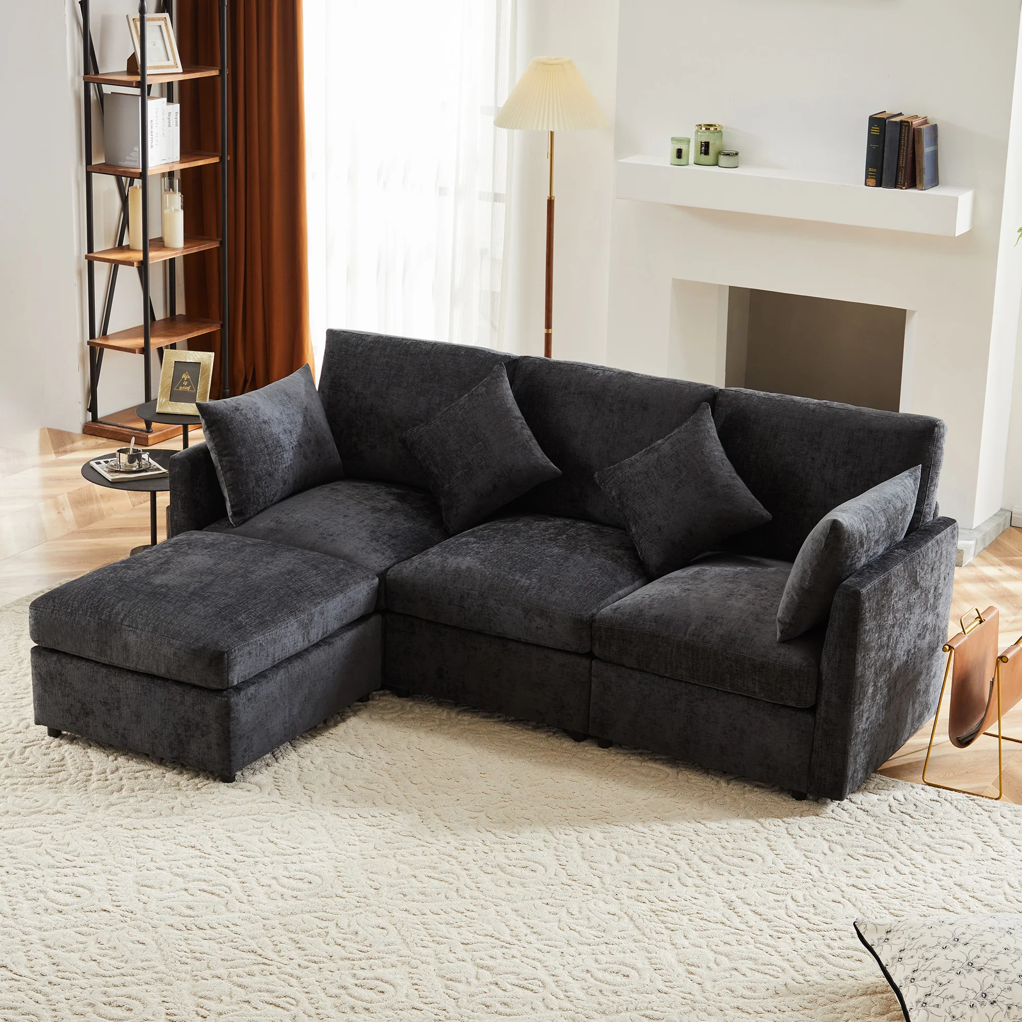 Sofá Modular de 3 a 4 Plazas con Puf Móvil y 4 Cojines, Esquina Reversible en Chenilla Gris 216 × 161 × 81 cm