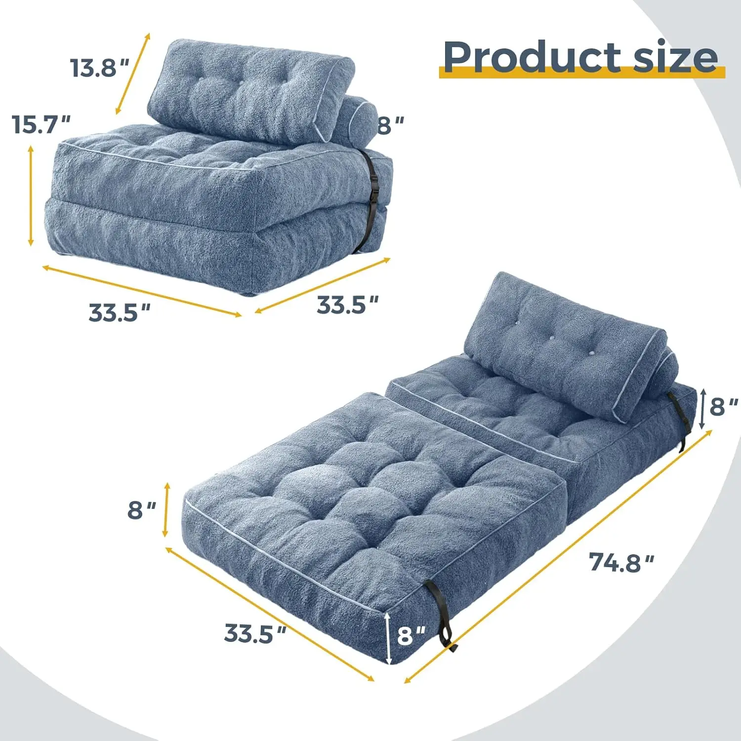 Folding Sofa Bed, Convertible Sleeper Chair with Pillow Foldable Mattress with Back Support,