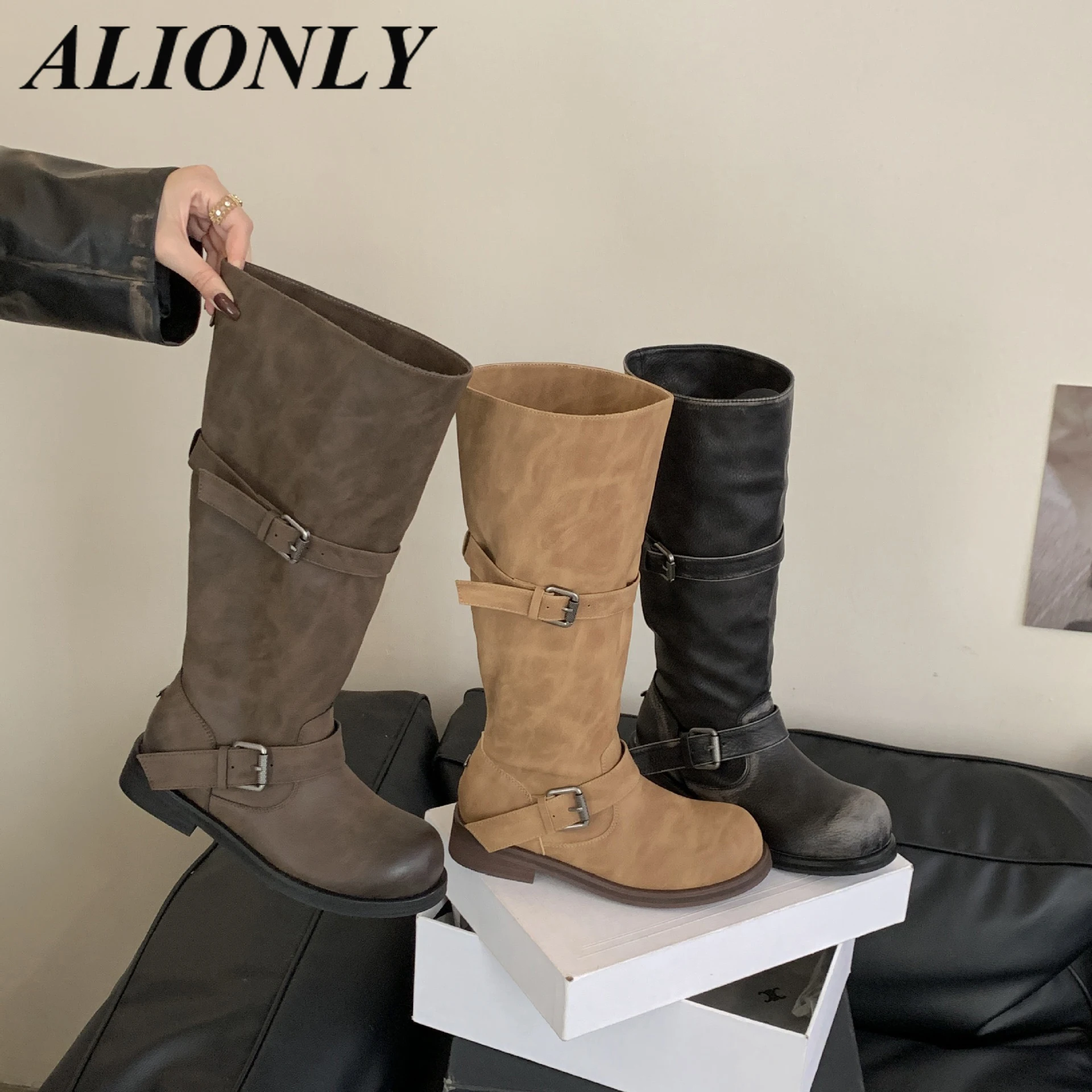 

Alionly 2026 New Winter Designer Belt Buckle Women Knee High Boots Fashion Pointed Toe Square Heels Long Booties Largas Mujer