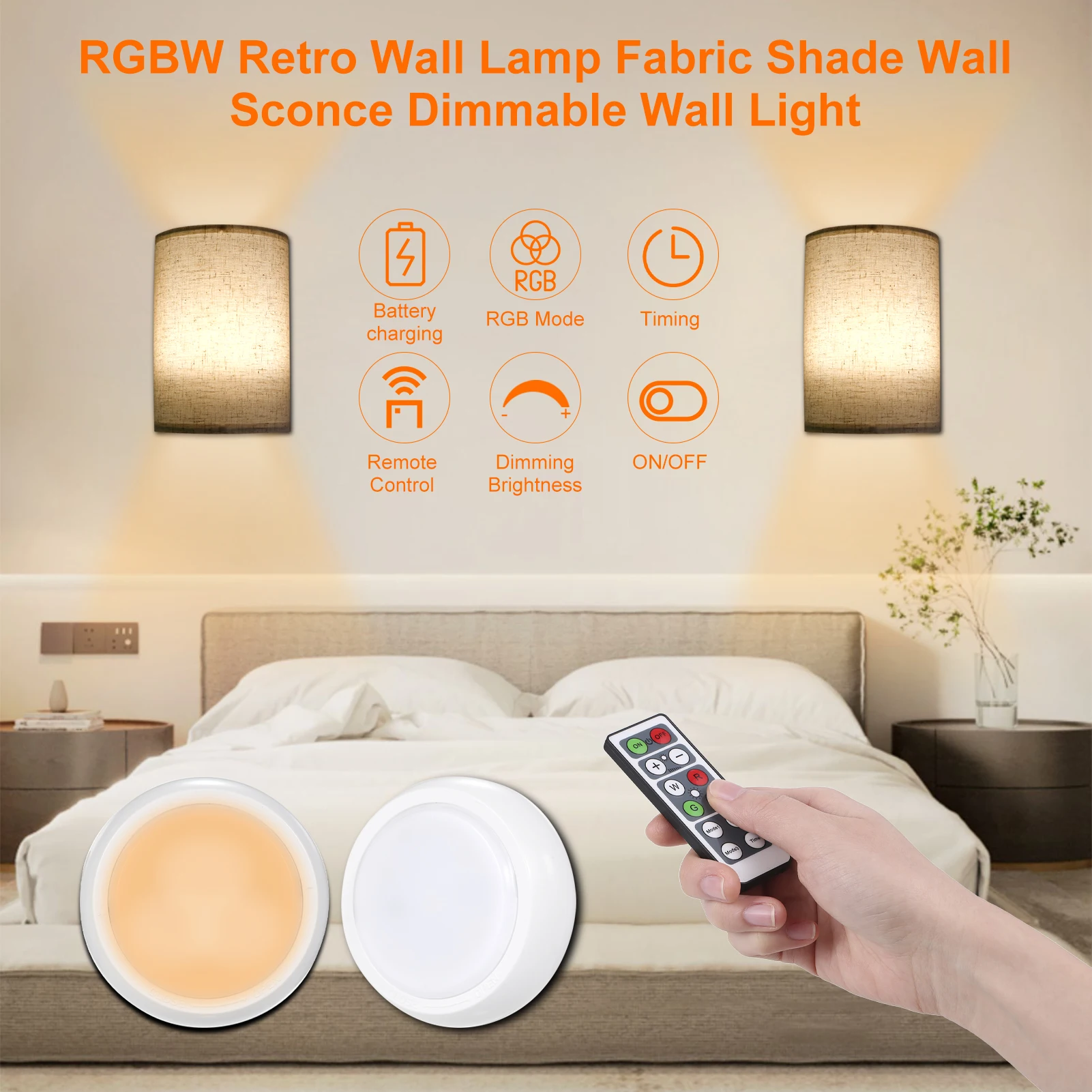 Neoglint RGB Wall Lamp Fabric Shade Wall Sconce Dimmable Wall Light Fixtures with Remote Controller for Bedroom Living Room