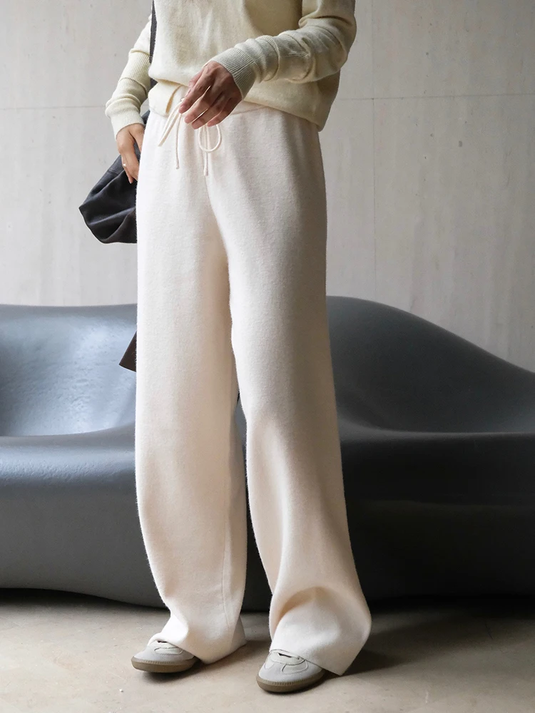 [LANMREM] Office Lady Knitting Pant For Women Elastic High Waist Wide Leg Trousers Minimalism Clothing 2024 Autumn New 26C573