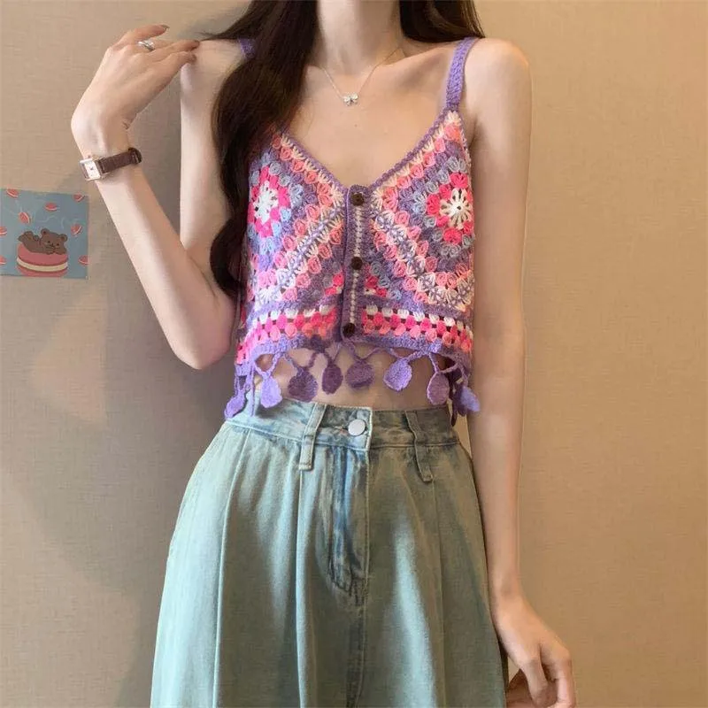 Boring Honey French Style Knit Camisole Women's Embroidery Hollow Out Tank Top Cute Crop Top for Summer Chic Vacation Top Women