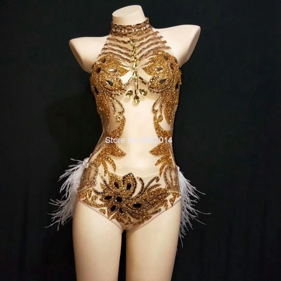 Sparkly Gold Silver Rhinestones Bodysuit Women Sexy See Trough Feather Tail Birthday Party Nightclub Singer Dance Stage costume