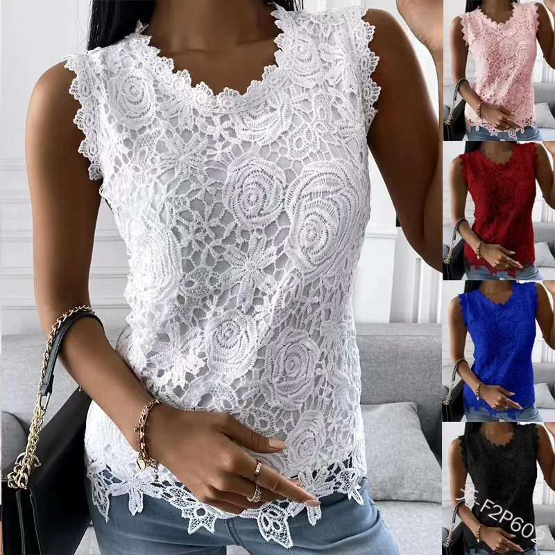 2024 Summer Fashion Ladies Lace Jacquard Sleeveless Casual Women Vintage T-Shirt S-5XL Floral Vest Camisole Halter Top