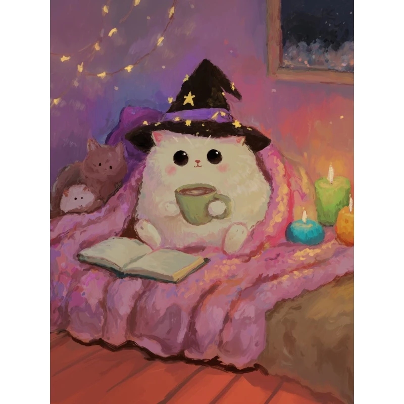 DIY Wizard White Cat Blanket Candle Book Scene Diamond Painting Mosaic Handmade Art Exquisite Home Decoration