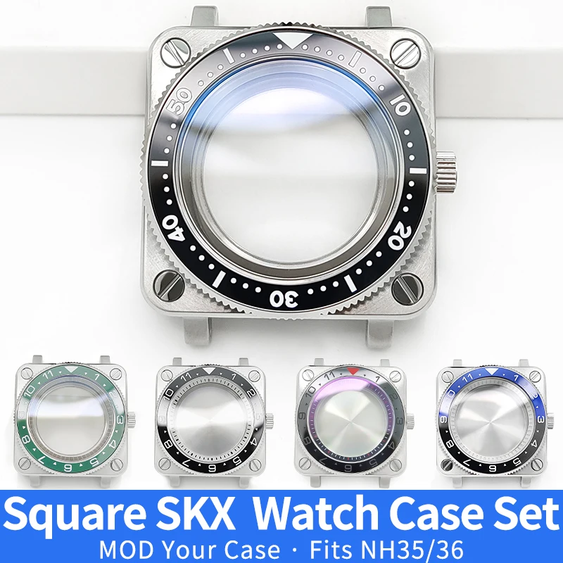 Square SKX Silver Watch Case MOD NH35 NH36 4R36 Custom Stainless Steel Sapphire Glass Shiny/Brushed Watches Cases Parts ﻿