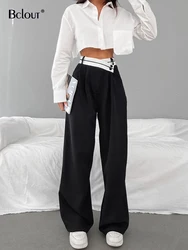 Bclout Fashion Patchwork Pants Women 2023 Streetwear Chic Loose Black Long Pants Elegant Buttons Office Lady Wide Leg Trousers