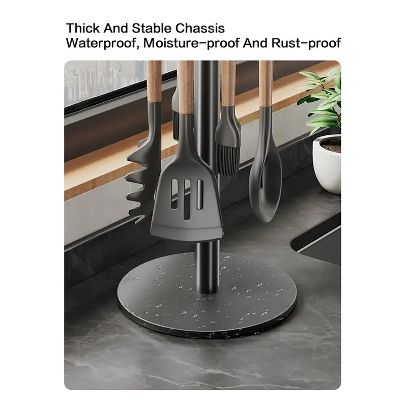 ABUN Kitchen Utensil Stand Rotating Storage Hanger with 8 Hooks Countertop Organization Cooking Utensils Holder Gunmetal Gray