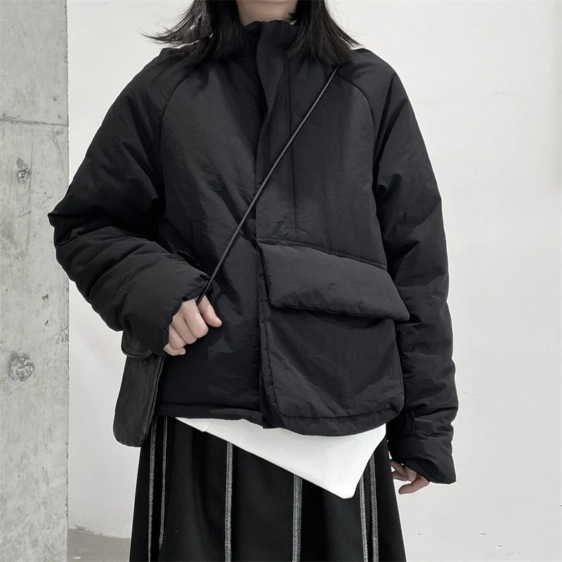 

Thickened Cotton Jacket Women's Winter Outerwear Warm Loose Stand Collar Large Pocket Irregular Short Zipper Closure Coat