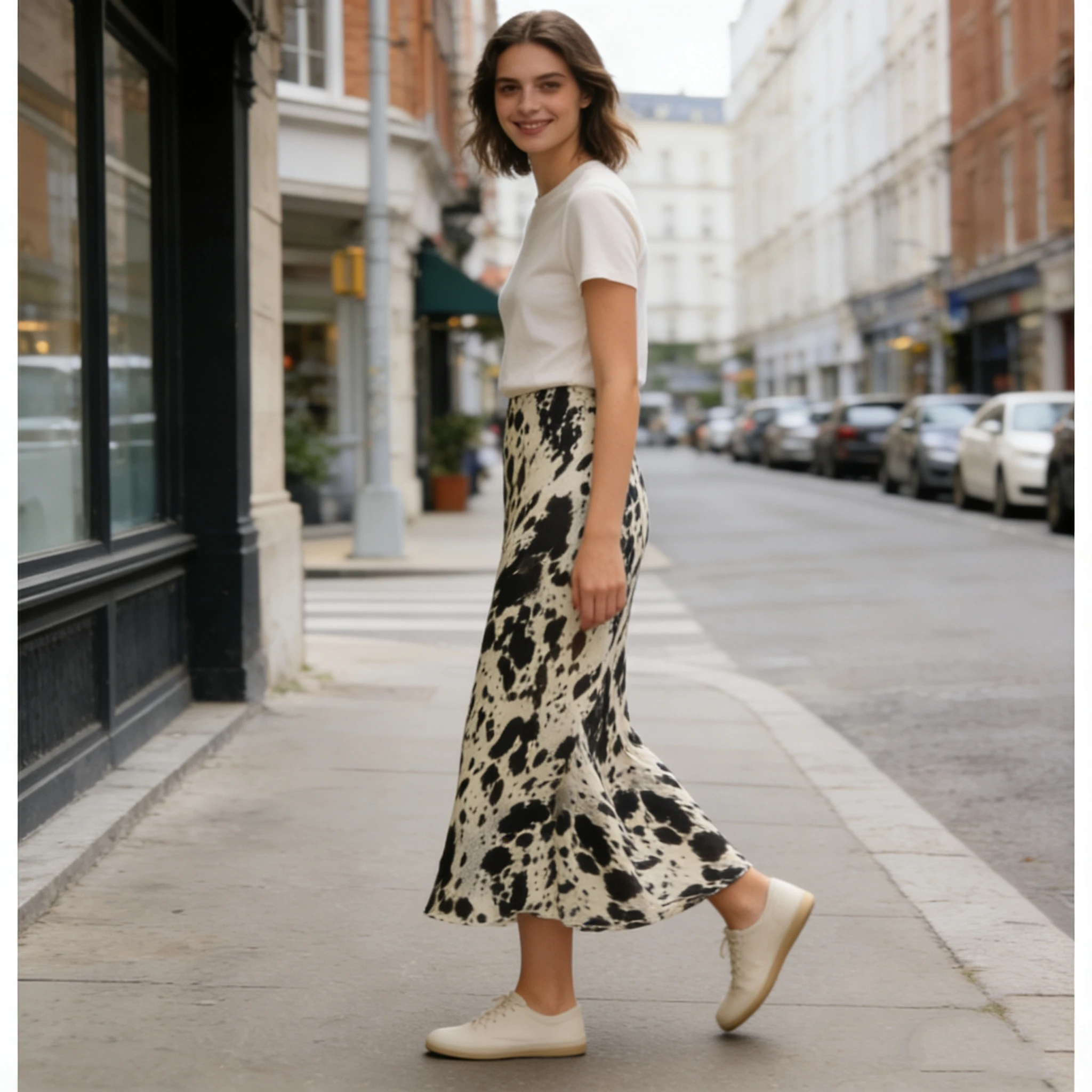 Spring Summer Women's Fashion niche animal print silk satin texture high waisted midi skirt