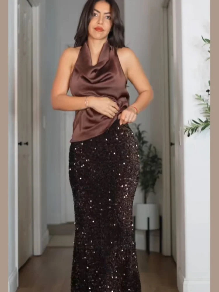 

Women Fashion Sequin Long Fishtail Skirt Chic High Waist Bodycon Maxi Shiny Sequined Skirts 2025 Lady Party Club Elegant Wear