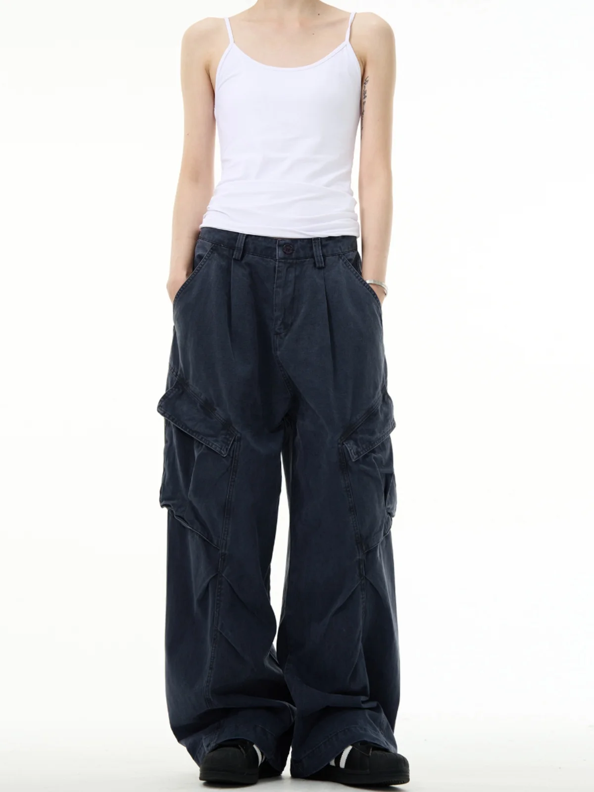 

MADWITCH American Retro High Street Loose Wide Leg Work Pants Men's Deconstructed Design Sense Trousers Large ket Casual P...