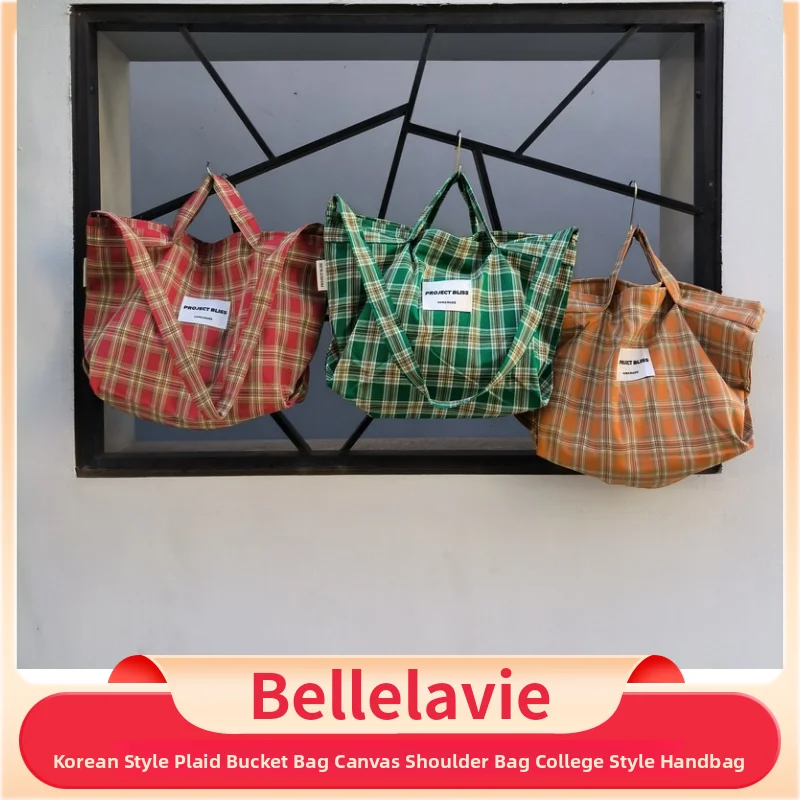 

Vintage Plaid Canvas oulder Bag Commuter Tote Women's Student Class Bapa College Sle Artistic Retro Handbag