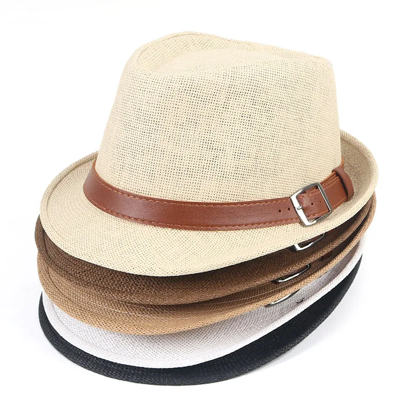 Summer Sun Cap Fedora Hat With Belt Men 2024 Short Sleeve Casual Beach Sombrero Hombre Paper Panama Cap Black White