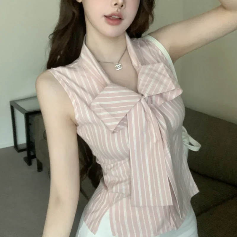 2024 New Summer Korean Edition Fresh and Minimalist Slim Fit Sleeveless Blouses Stripe Spliced Bow Button Women\'s Shirt Top