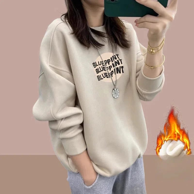 Letter Printing Autumn Winter Round Neck Solid Color Pullover Lantern Long Sleeve Casual Women\'s Clothing Hoodies Korean Tops