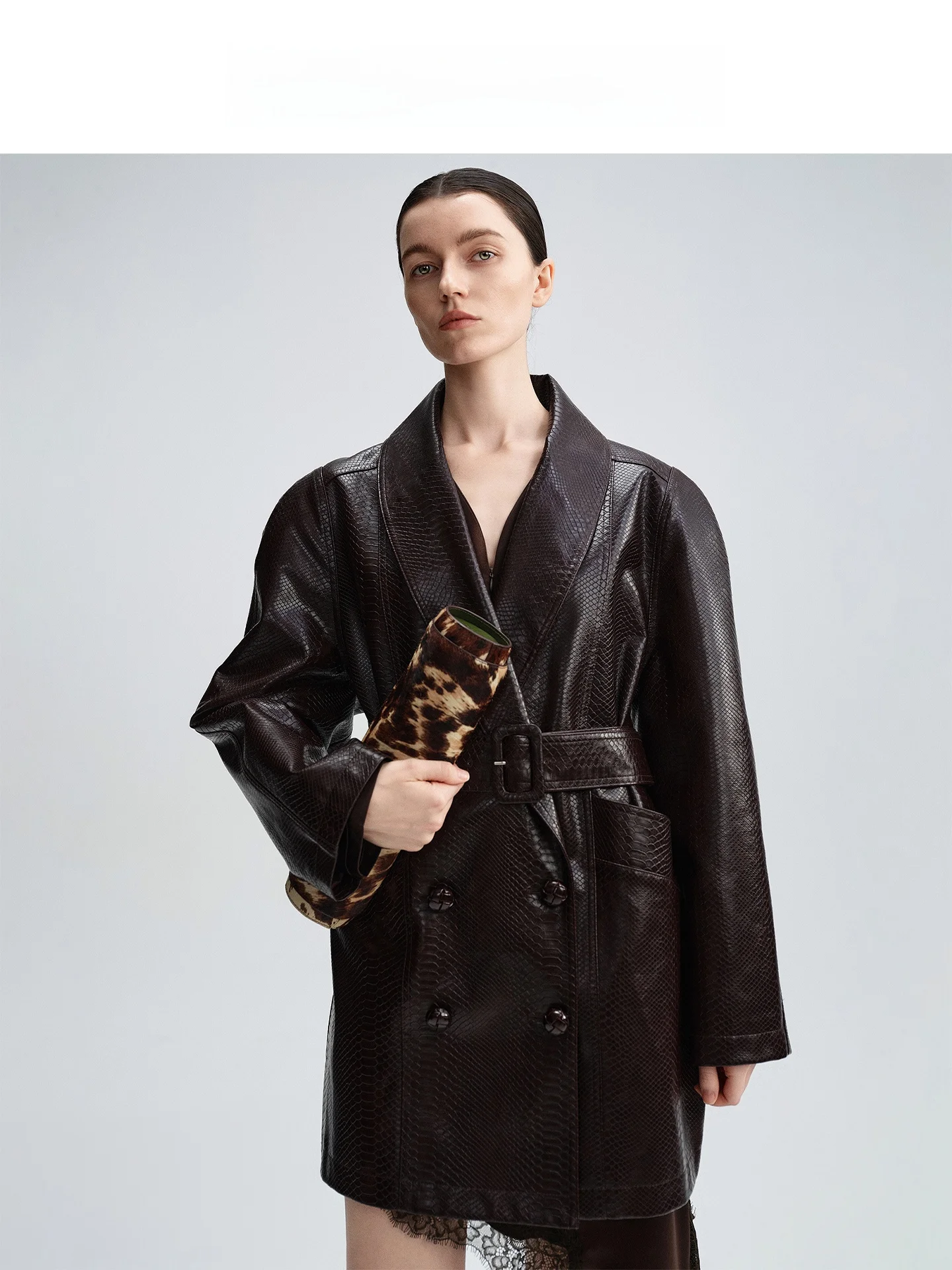 

AudreyWang Retro Sle Emed PU Leather Jaet Women's Mid-Length Coat Autumn Winter New Loose Top Crocodile Pattern