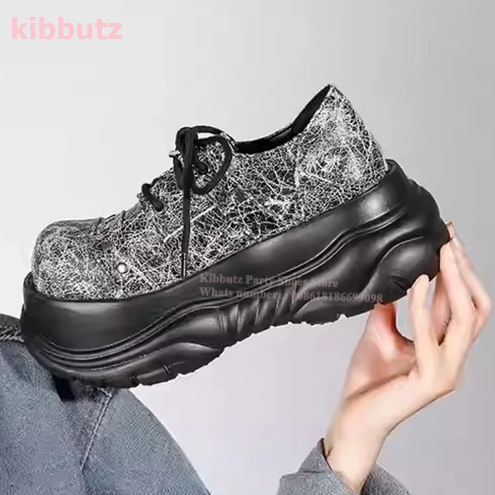 

Big Head Muffin Pumps Subculture Thick Bottom Lace-Up Leather Mixed Color Fashion Novelty Spice Girls Y2k Retro Shoes Newest