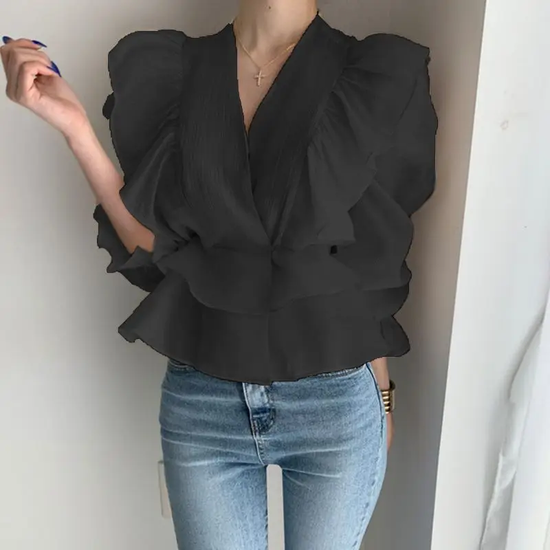 Women Vintage Ruffles Design Elegant Blouse Autumn Fashion V Neck Chic Chiffon Shirts Solid Long Sleeve Gothic Tops Slim Blusas