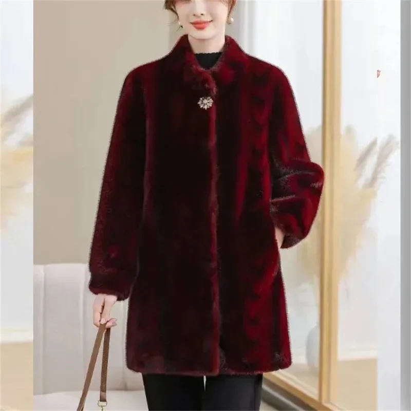 Winter Mid Long Mink Fur Coat New Middle-aged Women Clothing Thick Sheep Shearing Female Imitate Fur Coat Outerwear Overcoat