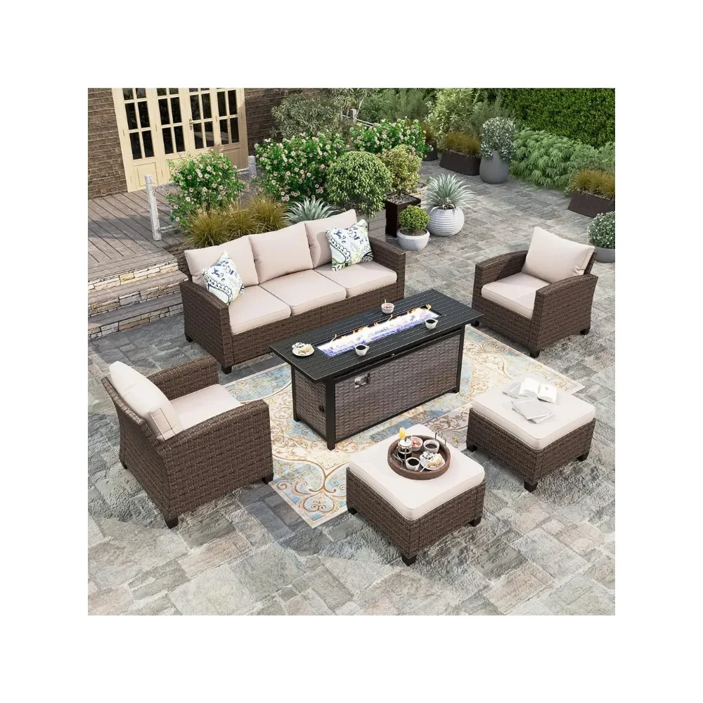 

Patio Furniture Set, 2 X Single Chairs, 2 X Ottoman, 3-seater Sofa with 56" Fire Pit Table, 6 Outdoor Wicker Conversation Set