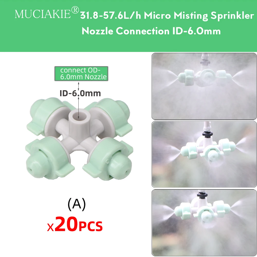MUCIAKIE 20PCS 31-57L /h Misting Cross Nozzles Greenhouse Humidifier Four Outlet Mist Fogger Sprinkler Irrigation Watering