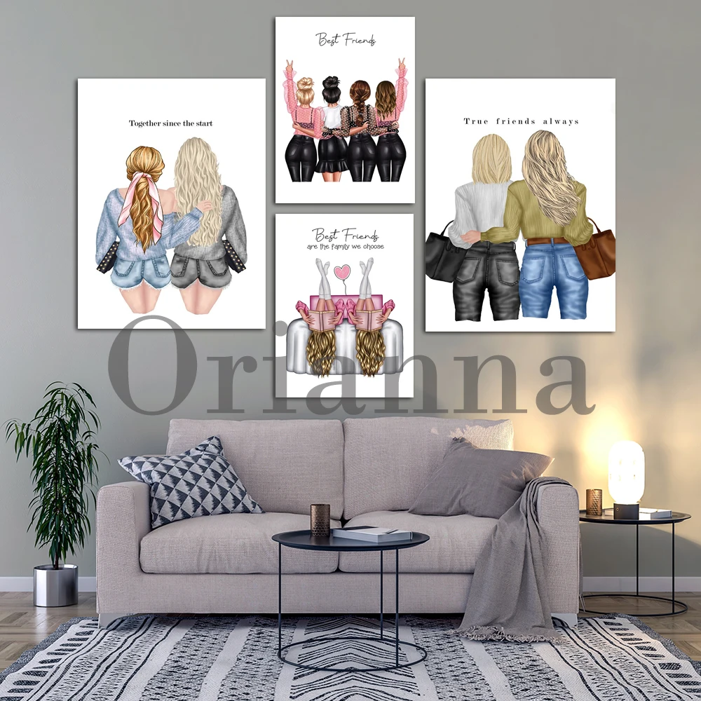 Best Friend Friends Bestie Girls Friendship Sister Watercolor Wall Art Canvas Print Posters Living Room Girl Room Decor Painting