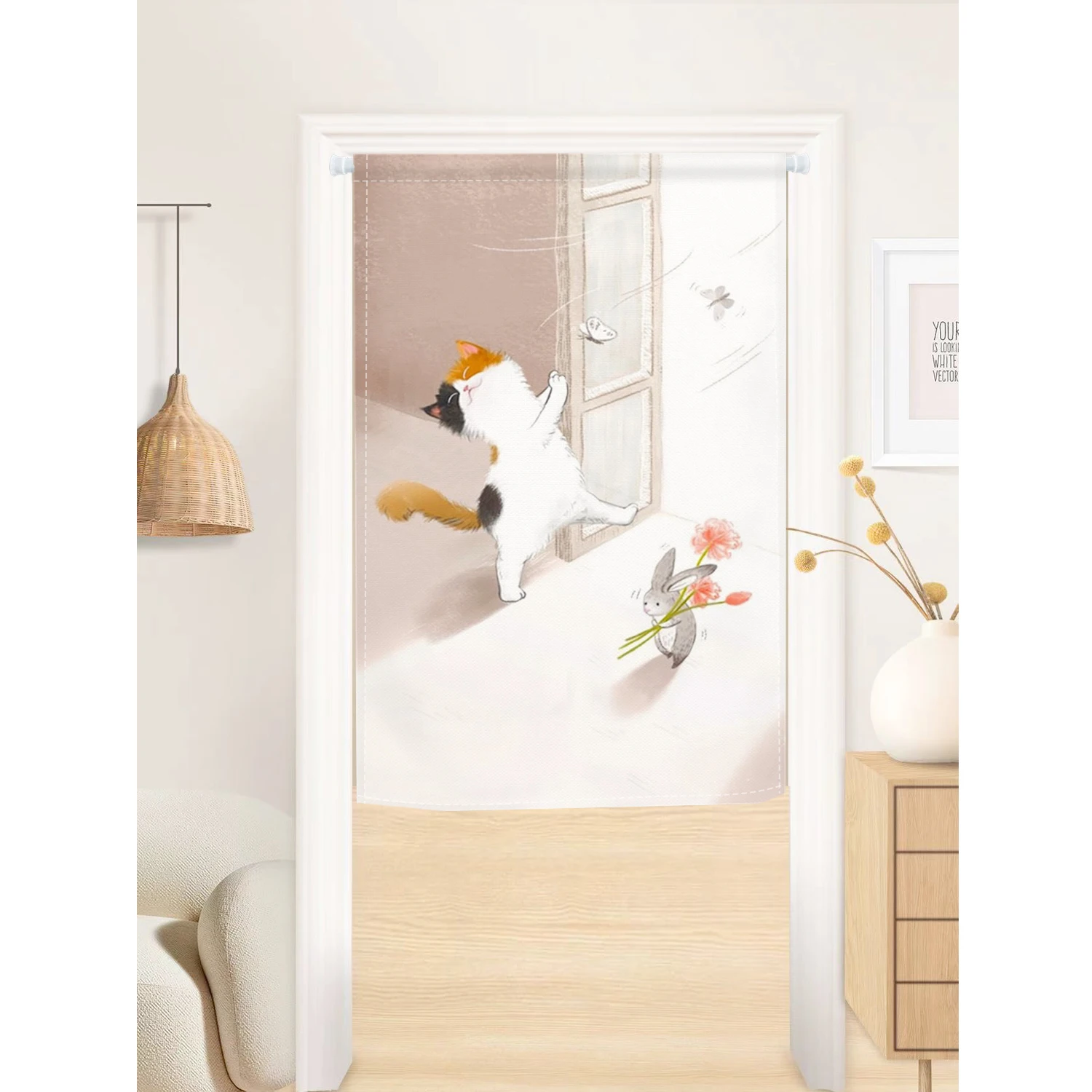 Japanese Cartoon Cat Door Curtain Noren Kitchen Living Room Partition Bookcase Shoe Cabinet Dust Cover Curtain Hanging Opaque