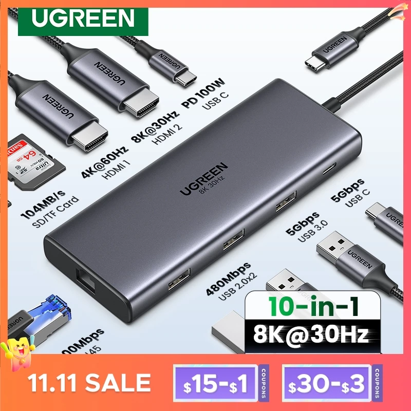 UGREEN Dual HDMI USB-C HUB 8K 4K HDMI Adapter 10 in 1 Splitter with RJ45 USB3.0 PD 100W Dock for MacBook Pro Air Laptop USB HUB