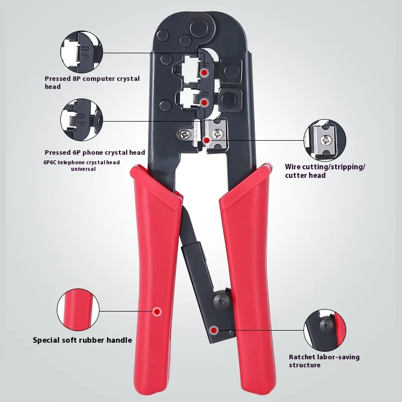 Alicate de crimpagem de rede multifuncional, crimpadores de cabo de rede de cabeça de cristal RJ45, alicate de crimpagem de conector de linha telefônica 8P6P