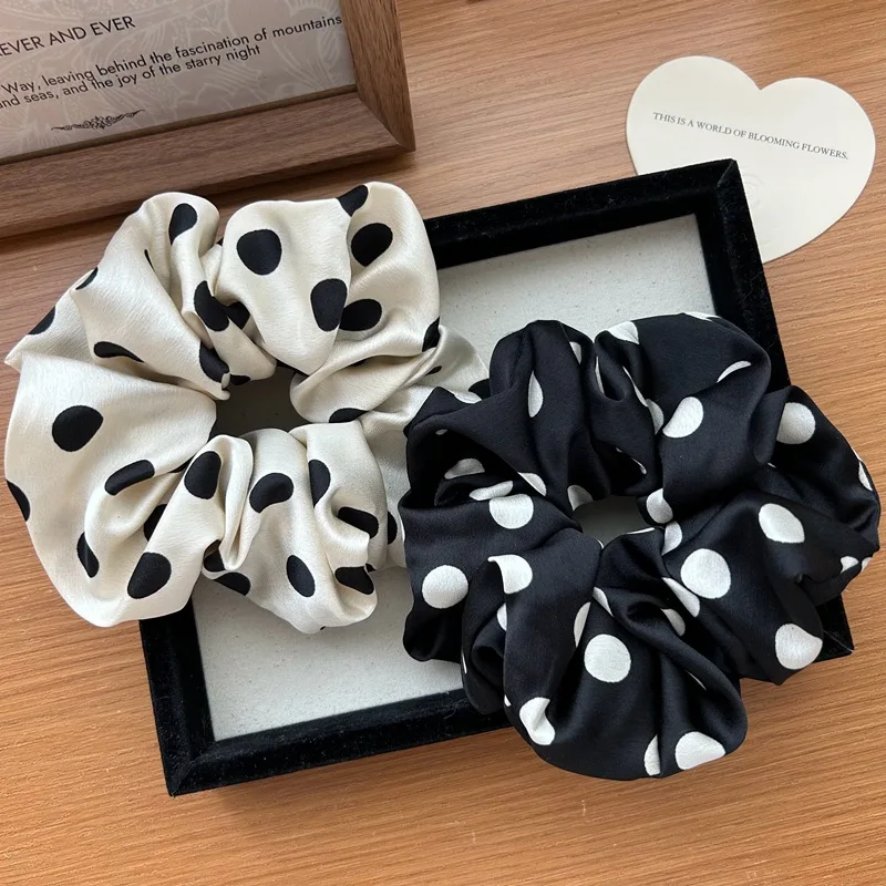 Korea Fashion Dot Satin Scrunchies For Women White big Hair Bands Elastic Silk Hair Tie Girls Black ponytail holder hair rope