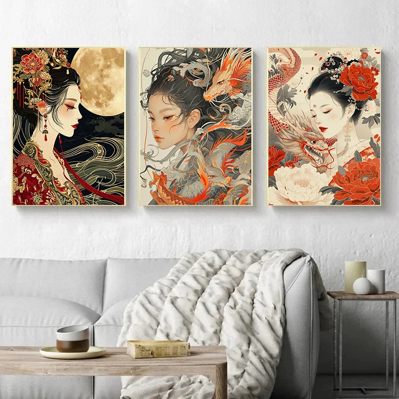 Vintage Japanese Geisha Girls Kimono Woman Posters and Prints Canvas Painting Wall Art Picture for Living Room Home Decoration