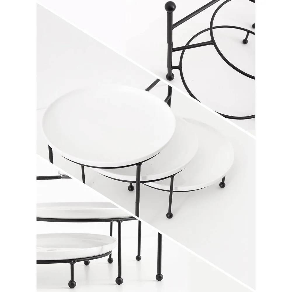 3-х уровневая сервировочная подставка с белыми фарфоровыми тарелками, круглый поднос 10 дюймов, набор витрин для десертного стола, черная металлическая подставка, универсальная и D