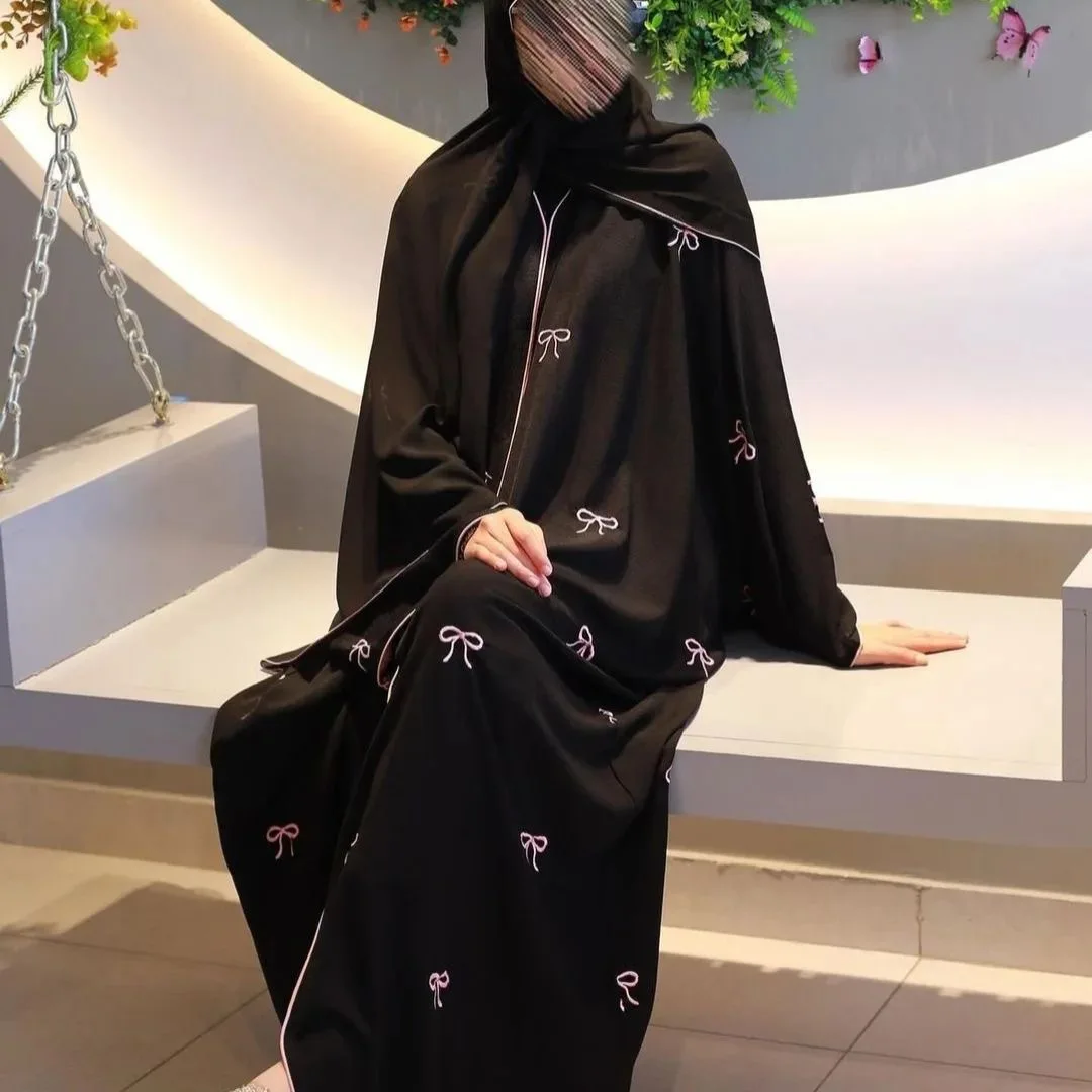 

Luxury Abaya Dubai Muslim Kimono Black Bow Embroidered Open Abayas for Women Moroccan Kaftan Hijab Dress Islamic Modest Clothes