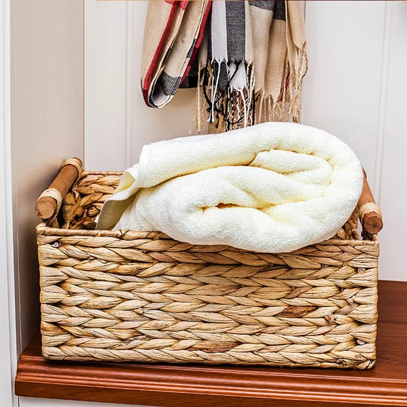 New Wicker Basket Rectangular With Wooden Handles For Shelves,Water Hyacinth Basket Storage,Natural Baskets