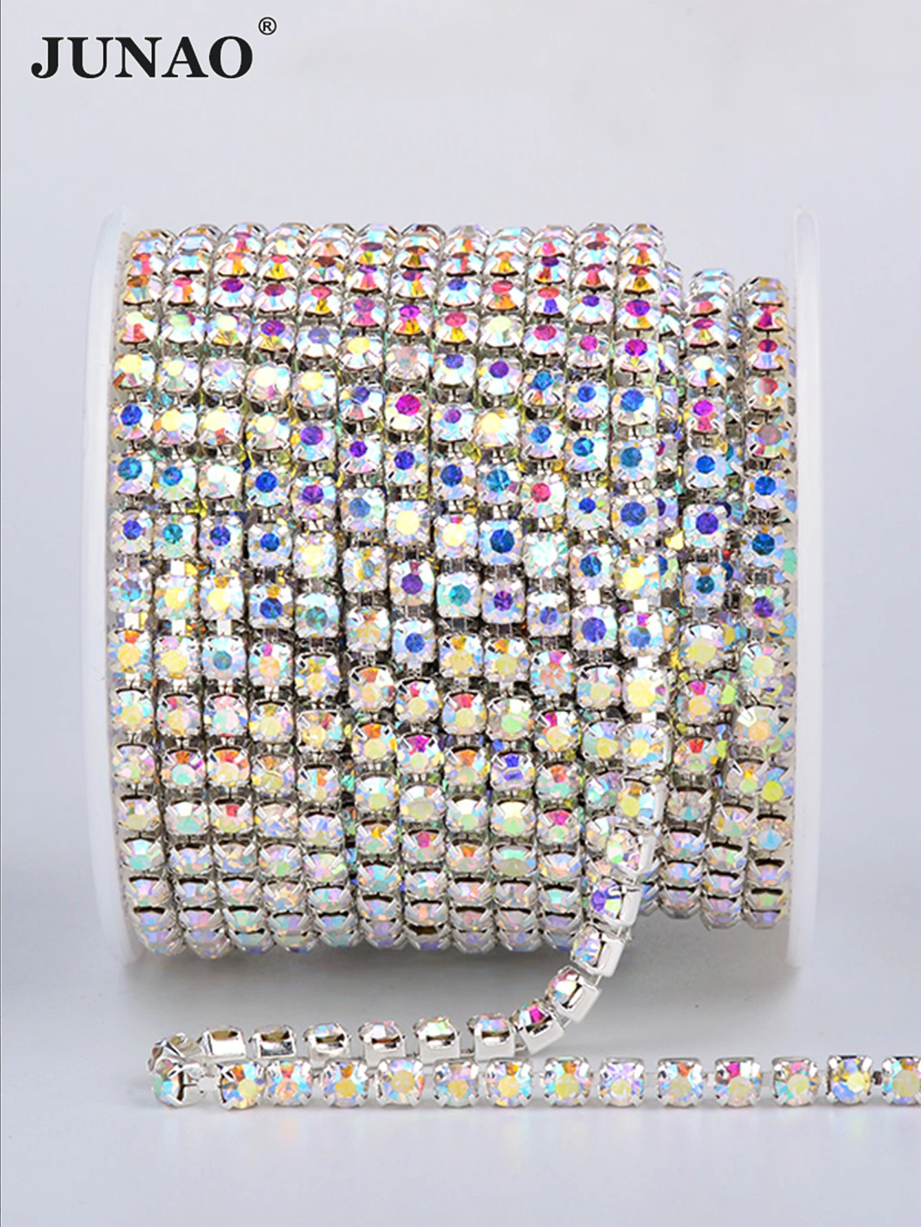 JUNAO SS6 8 10 12 16 18 Clear AB Glass Rhinestones Chain Crystal Ribbon Silver Metal Trim Strass Banding for Clothes Crafts