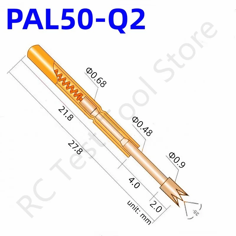 

100PCS PAL50-Q2 Spring Test Probe PAL50-Q Test Pin Tool 27.8mm Dia0.68mm Gold Needle Tip Dia 0.90mm Pogo Pin PL50-Q PL50-Q2