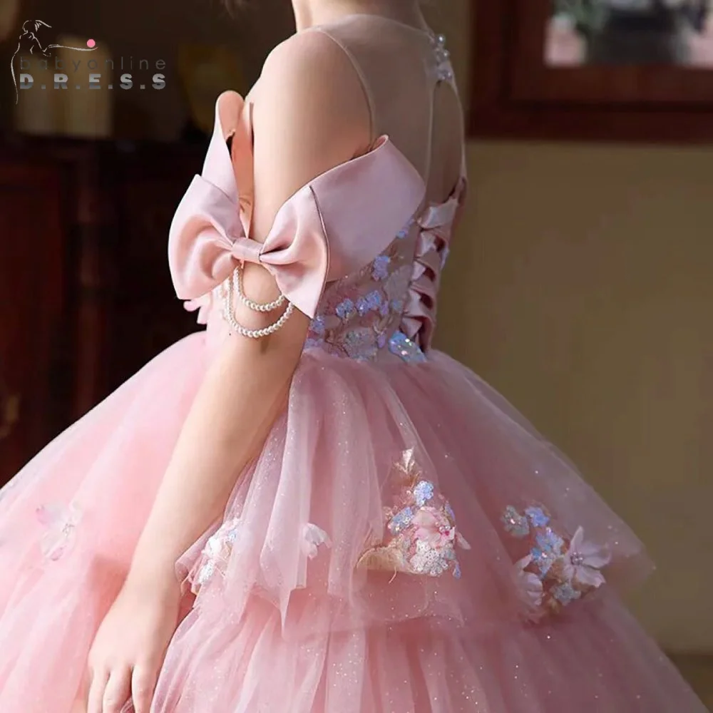 BABYONLIN فستان فتاة الزهور الوردي المخصص برقبة دائرية متدرج من التل على شكل حرف a فستان بوهو منقوش عليه زهور فيستدوس بارا كومونيون