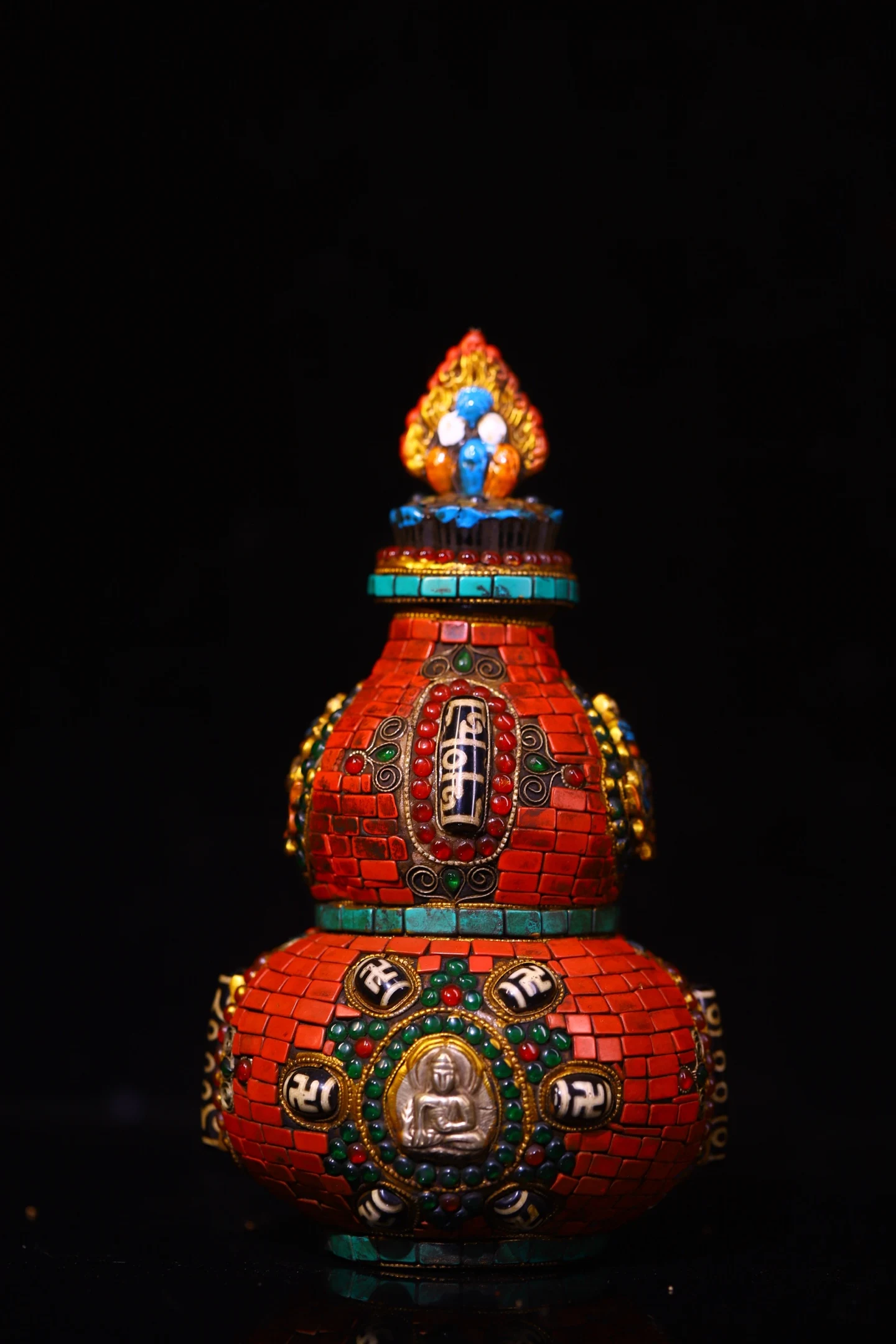 8"Old Crystal Painted Mosaic Gem gZi Beads Turquoise Shakyamuni Buddha calabash Town house Gourd Statue Amulet Worship Hall view 2