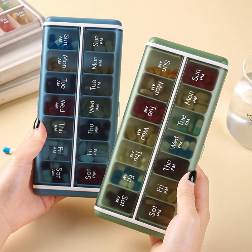 

Новый популярный большой еженедельный органайзер для таблеток премиум-класса, 14 отделений, для приема 2 раза в день, для хранения больших доз витаминов, рыбьего жира и добавок.