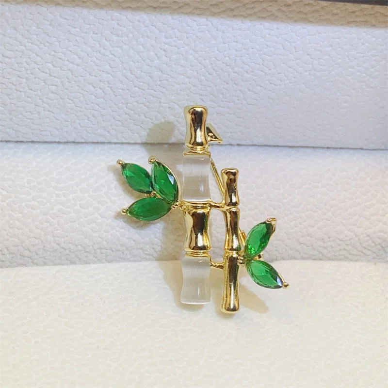 Chinese Style Lucky Bamboo Brooch For Women Auspicious Prosperity Jade Look Gold Toned Green Crystal Leaves Chic Suit Lapel Pin