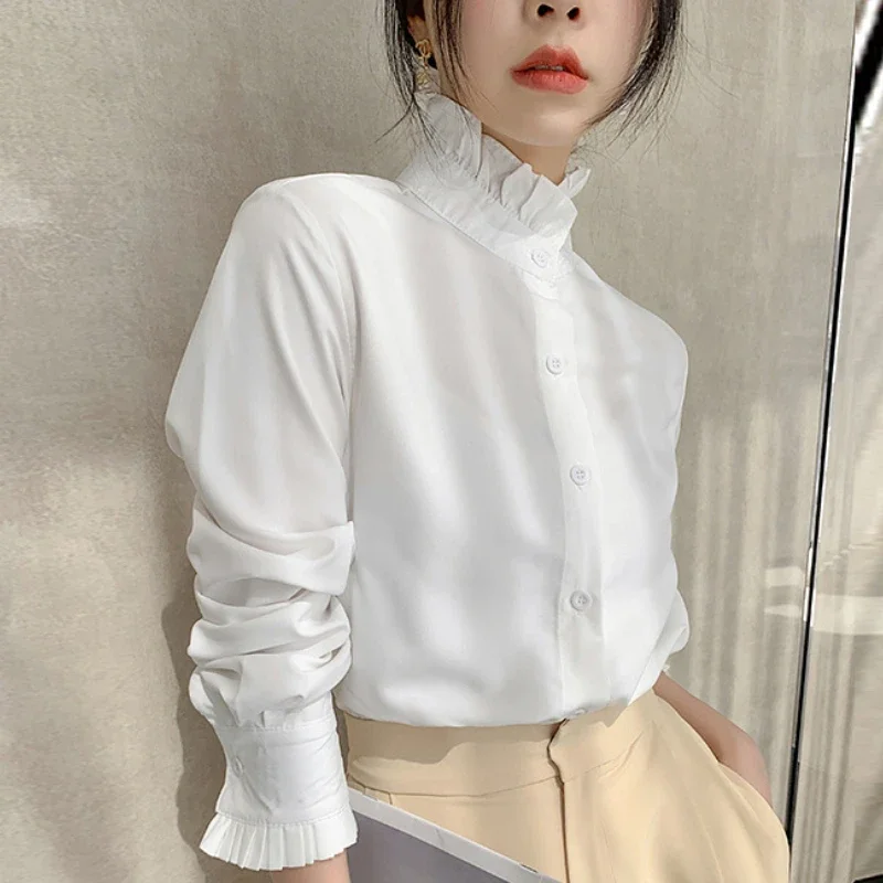 

Women Shirts Stand Collar Solid Spring Autumn Office Lady Vintage Blouses Korean Style Ruffles Blusas Mujer Tops