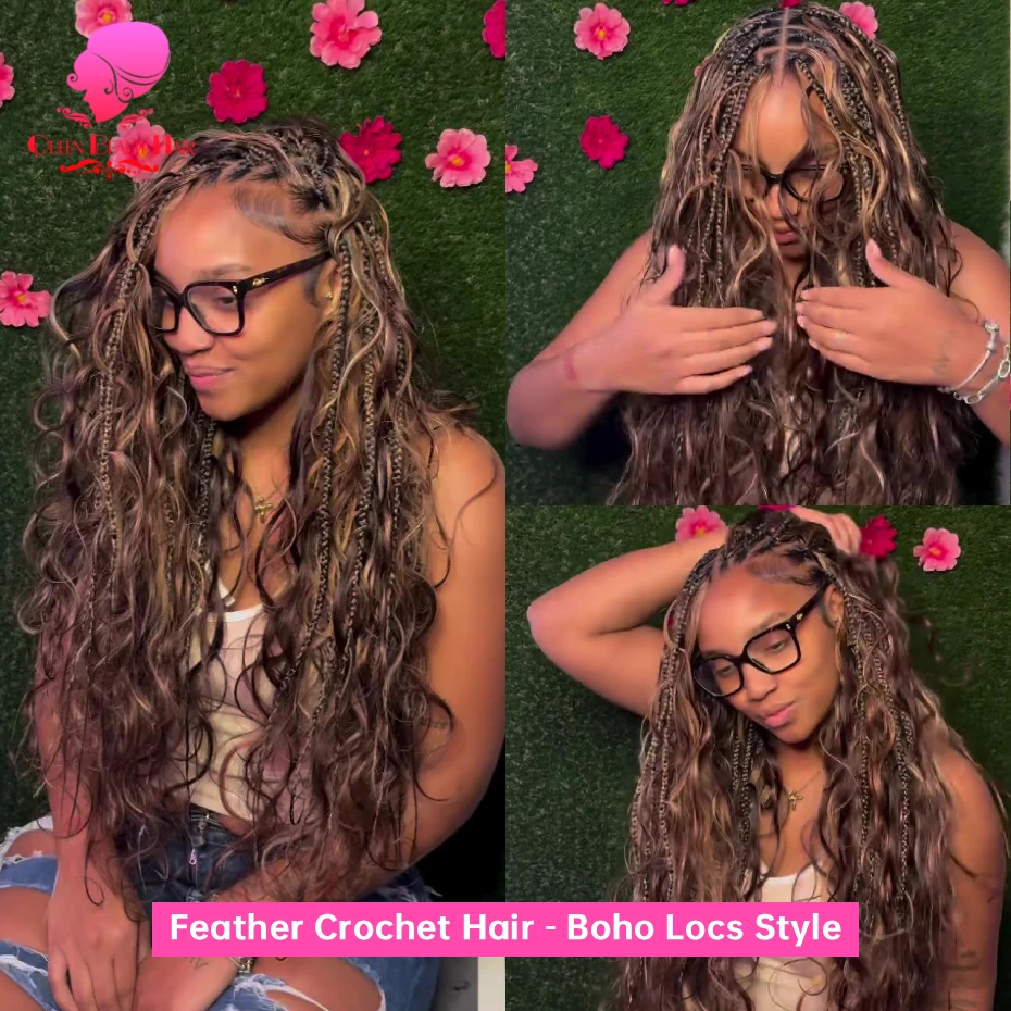 Highlight Deep Wave Feather Crochet Echthaar Unsichtbare Wunderknoten Haarverlängerung 100% Echthaar Farbige Boho Zöpfe – Detail 9