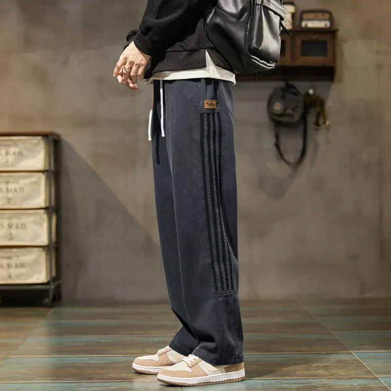 

High street wide leg sweatpants men's spring heavyweight straight striped casual pants trendy brand sports pants