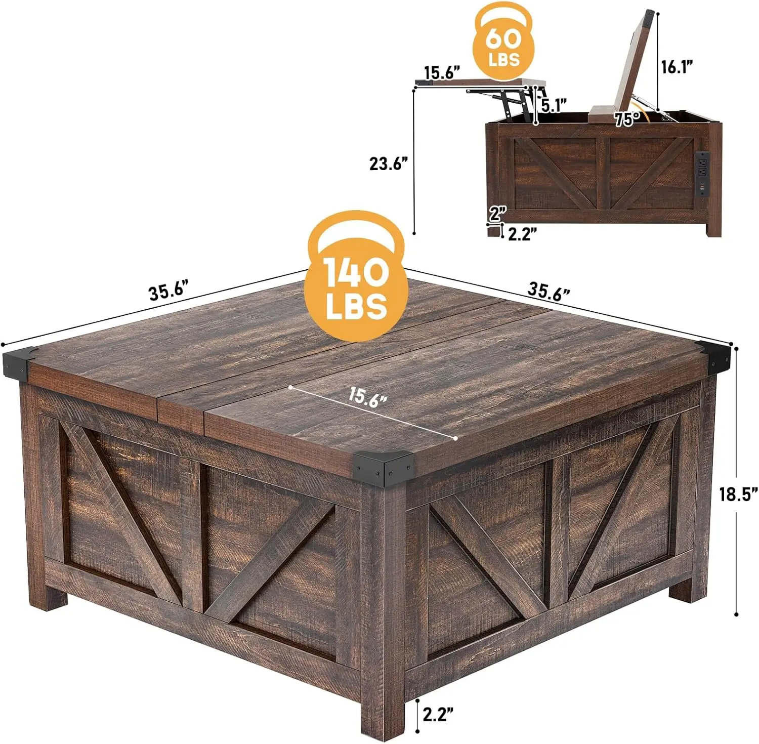 raised coffee table with storage space, wooden square central table with charging station and USB port