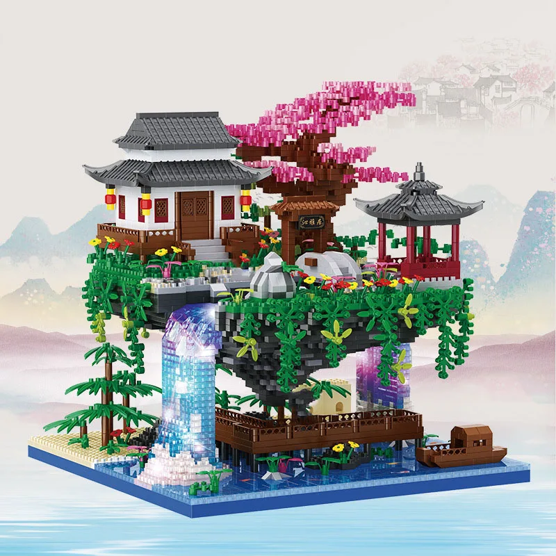 Chinese Wonderland Micro Diamond Block China Peach Blossom Pool Nanobrick Architecture Building Brick Toys Collection With Light