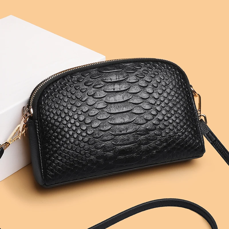 Authentic Leather Luxury Brand Womens Shoulder Bag with Crocodile Pattern Women Crossbody Bags Solid Color Simple Female Handbag