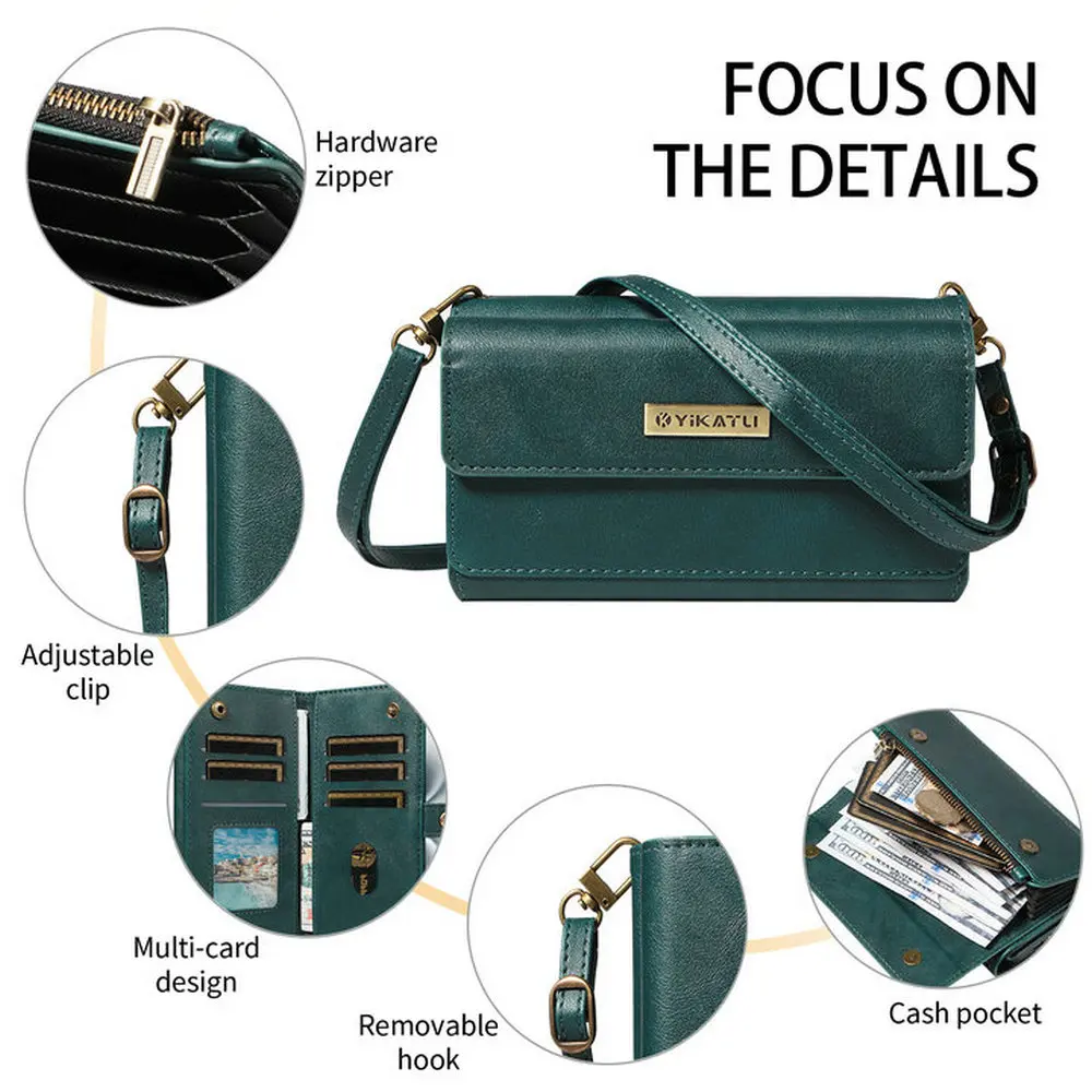 

Кожаный RFID-чехол через плечо с 9 картами на молнии для iPhone 17, 16, 15, 14, 13, 12, 11 Pro Max 16E Xr Xs X 6 7 8 Plus SE 2022 Роскошный чехол