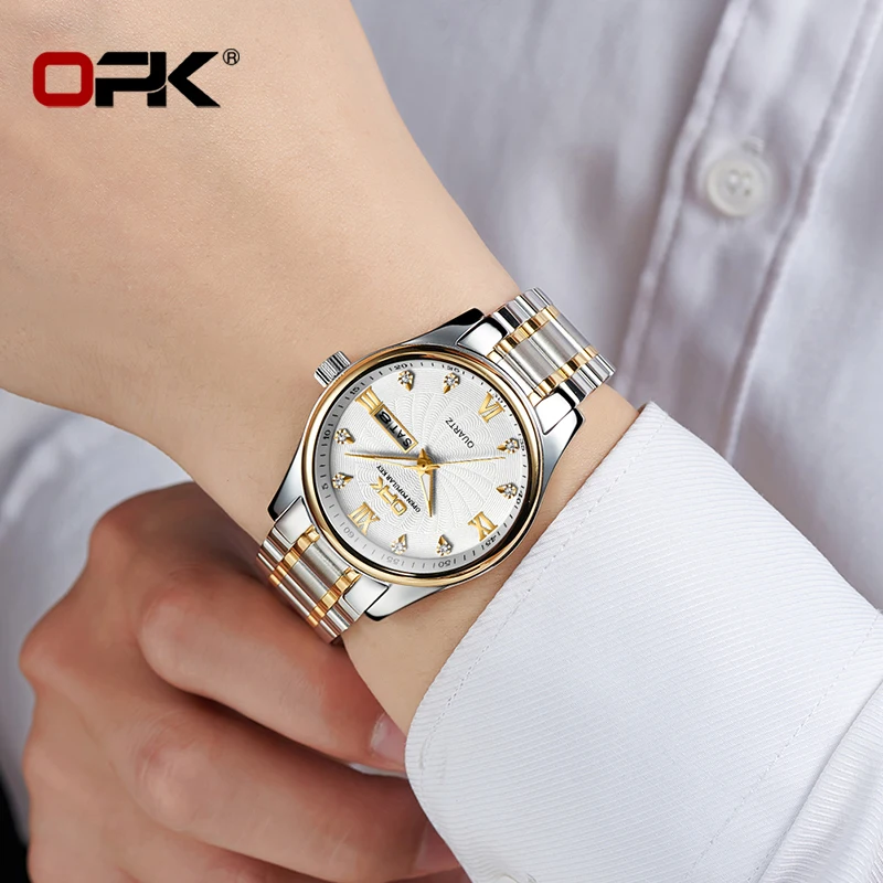 OPK Fashion Diamond Quartz Couples Watches Week Stainless Steel Waterproof Watch Luminous Couple Luxury Wristwatches